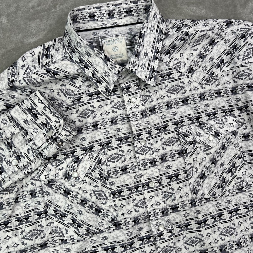 Panhandle Rough Stock Western Shirt Men XL Grey Aztec Geometric Pearl Snap Rodeo